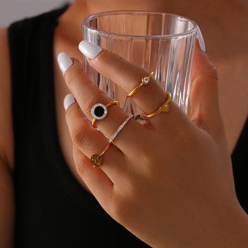 Gold Titanium Steel Tree Heart Black Disc Pavé Midi Rings