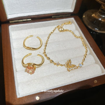 Gold Open Rings Peach Stone And Butterfly Chain Bracelet