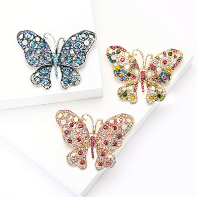Openwork Crystal Butterfly brooch front view on a white background
