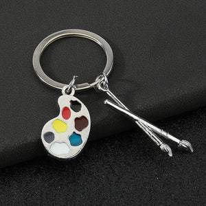 Artist Palette and Paintbrush Keychain in Silver Tone Metal with Enamel