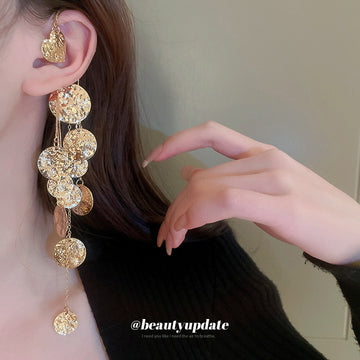 Gold Tone Textured Disc Cascade Single Ear Cuff Statement Jewelry