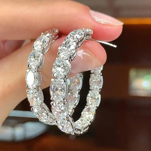 Oval Clear Stone Full-Circle Large Hoop Earrings Silver Tone