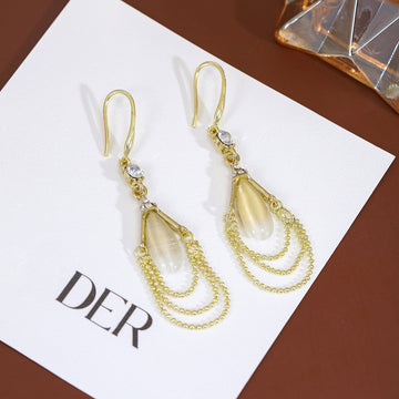 Gold Cats Eye Oval Drop Earrings Triple Ball Chain Swags