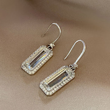 Silver Tone Emerald Cut Crystal Hook Drop Earrings