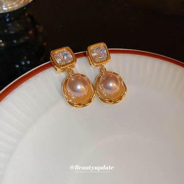 Gold Tone Crystal and Champagne Pearl Drop Earrings