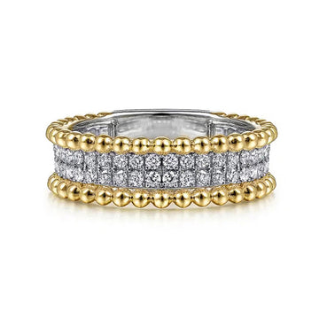 Two Tone Gold Beaded Edge Pave CZ Band Finger Ring