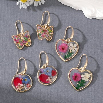 Gold Tone Clear Resin Pressed Flower Butterfly and Heart Earrings