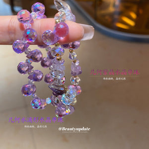 Two Purple Geometric Drop And Round Crystal Stretch Bracelets