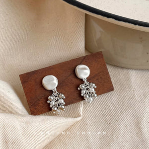 Brushed Silver-Tone Disc Drop Earrings with Ball and Pearl Tassels