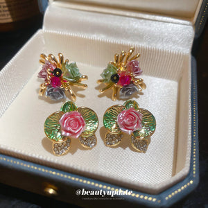 Colorful Flower Cluster Stud Earrings With Gold Tone Details
