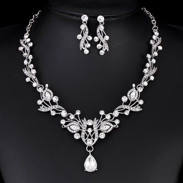 Black Silver Tone Crystal Floral Scroll Crystal Two Designs Metal Necklace and Earring Set