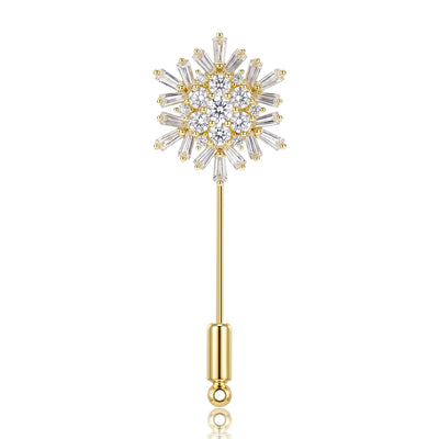 Front view showing the long snowflake stick pin with clear crystal petals