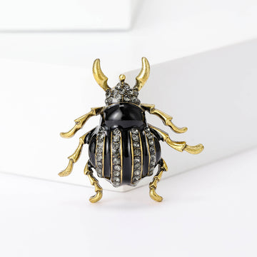 Black Enamel Rhinestone Beetle Brooch Antique Gold Legs