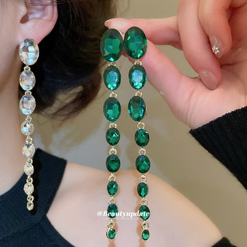 Green Crystal Triple Strand Drop Stud Earrings Decorative Jewelry Pair