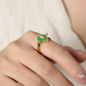Gold Open Ring Green Enamel Hexagon Diamond Motif Beads