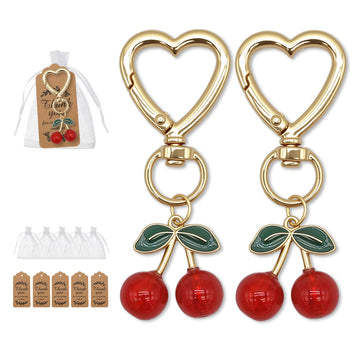 Red Cherry Enamel Heart Clasp Keychain Green Leaf Gold