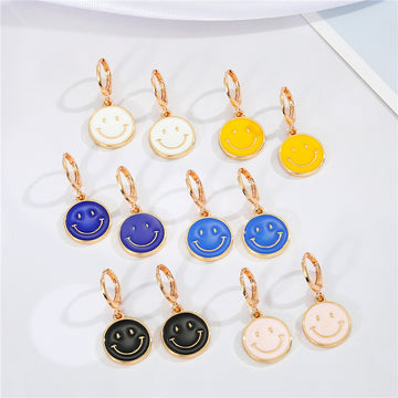 Gold Tone Enamel Smiley Huggie Drop Earrings in Six Colors