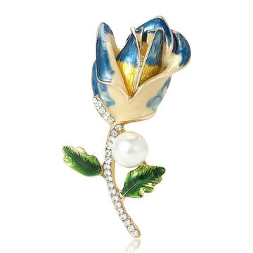 Enamel Rose Pearl Brooch Rhinestone Stem Blue or Pink Styles