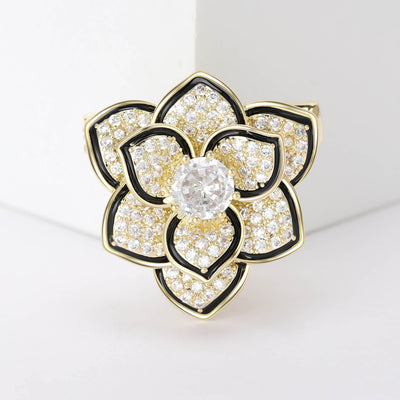 Gold camellia flower brooch clear zircon black enamel front