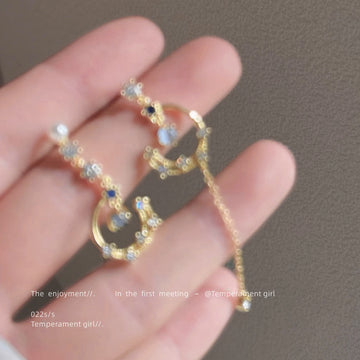 Gold Tone Blue Star Moon Asymmetric Long Chain Stud Earrings
