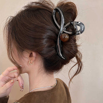 Gunmetal Tone Large Sculptural Loop Hair Claw With Black Round Bead