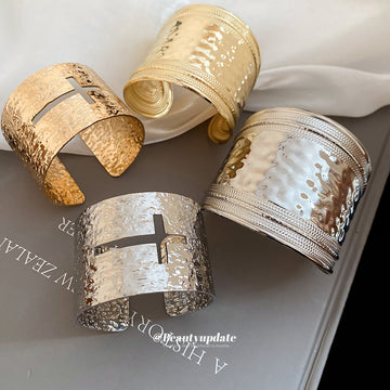 Hammered Metal Cross Cutout Open Cuff Bracelets Silver Gold