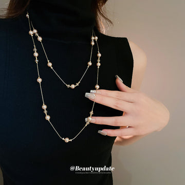 Layered Pearl Station Chain Necklace Gold Silver Tones