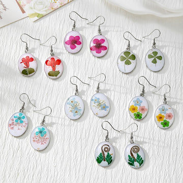 Silver Tone Oval Pressed Flower Drop Earrings in Seven Designs