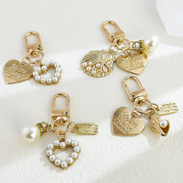 Gold Tone Seashell Starfish Charm Keychain With Faux Pearl