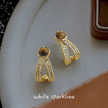 Gold Tiger Eye Crossed Rope Half Hoop Stud Earrings Pair