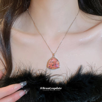 Silver Tone Pink Heart Crystal Pendant Necklace Fashion Jewelry