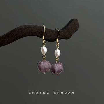 Gold Tone White Pearl And Purple Glass Flower Hook Earrings