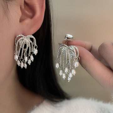 Gold Tone Flame Loop and White Bead Fringe Stud Earrings