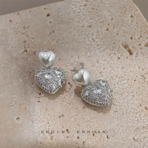 Silver Tone Dual Heart Pearl Pave CZ Drop Earrings