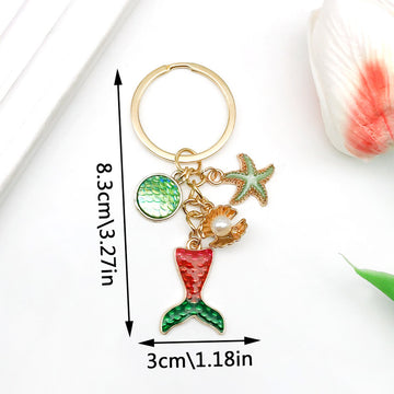 Red Green Mermaid Tail Shell Starfish and Pearl-Look Keychain