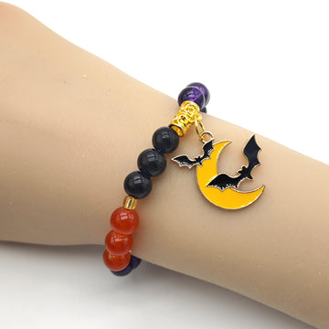 Orange Purple Black Bead Moon Bat Stretch Bracelet