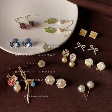 Pearl Enamel Flower Rose Leaf Bow Stud Drop Earrings Collection