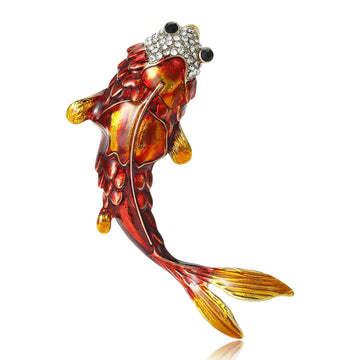 Red Enamel Koi Fish Brooch Rhinestone Head Gold Tone Pin