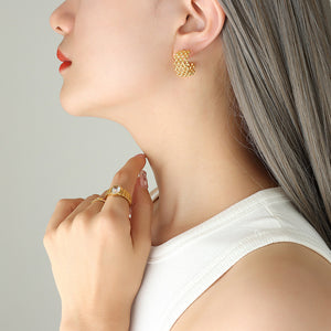 Gold Steel Bead Lattice Mesh C Shape Hoop Earrings