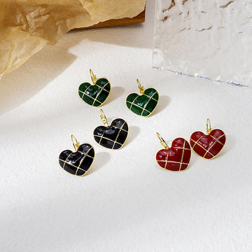 Black Enamel Heart Leverback Earrings Gold Grid Lines
