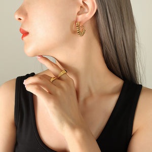 Spiral Coil Ring U-Shape Hoop Earrings Gold Steel Pair