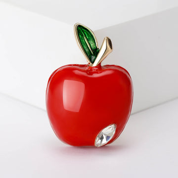 Red Enamel Apple Brooch Green Leaf Rhinestone Accent Pin