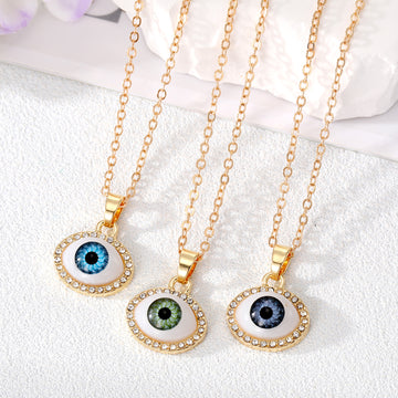 Gold Tone Crystal Halo Realistic Evil Eye Pendant Necklaces