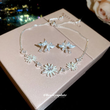 Enamel Flower Bracelet and Butterfly Pearl Stud Earrings