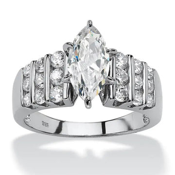 Silver Tone Marquise CZ Wide Band Ring with Side Stones
