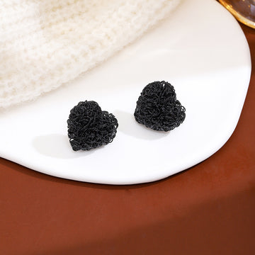 Black and Red Woven Wire Dimensional Heart Stud Earrings