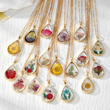 Gold Tone Teardrop Botanical Clear Pendant Necklaces Twelve Styles