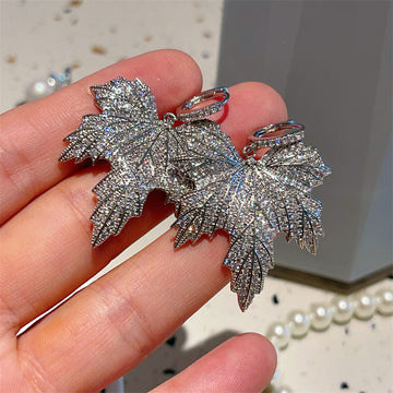 Pave Maple Leaf Hinged Hoop Drop Earrings Silver Tone