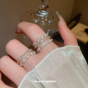 Gold Open Multi-Row Pearl and Rhinestone Stack Ring