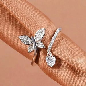 Butterfly and Crystal Open Ring in Silver Tone Jewelry